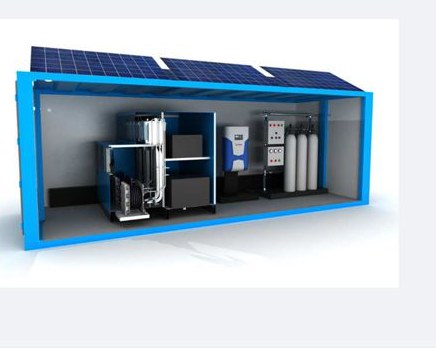Sistema portable Boxer 500 en contenedor con paneles solares y desalinización